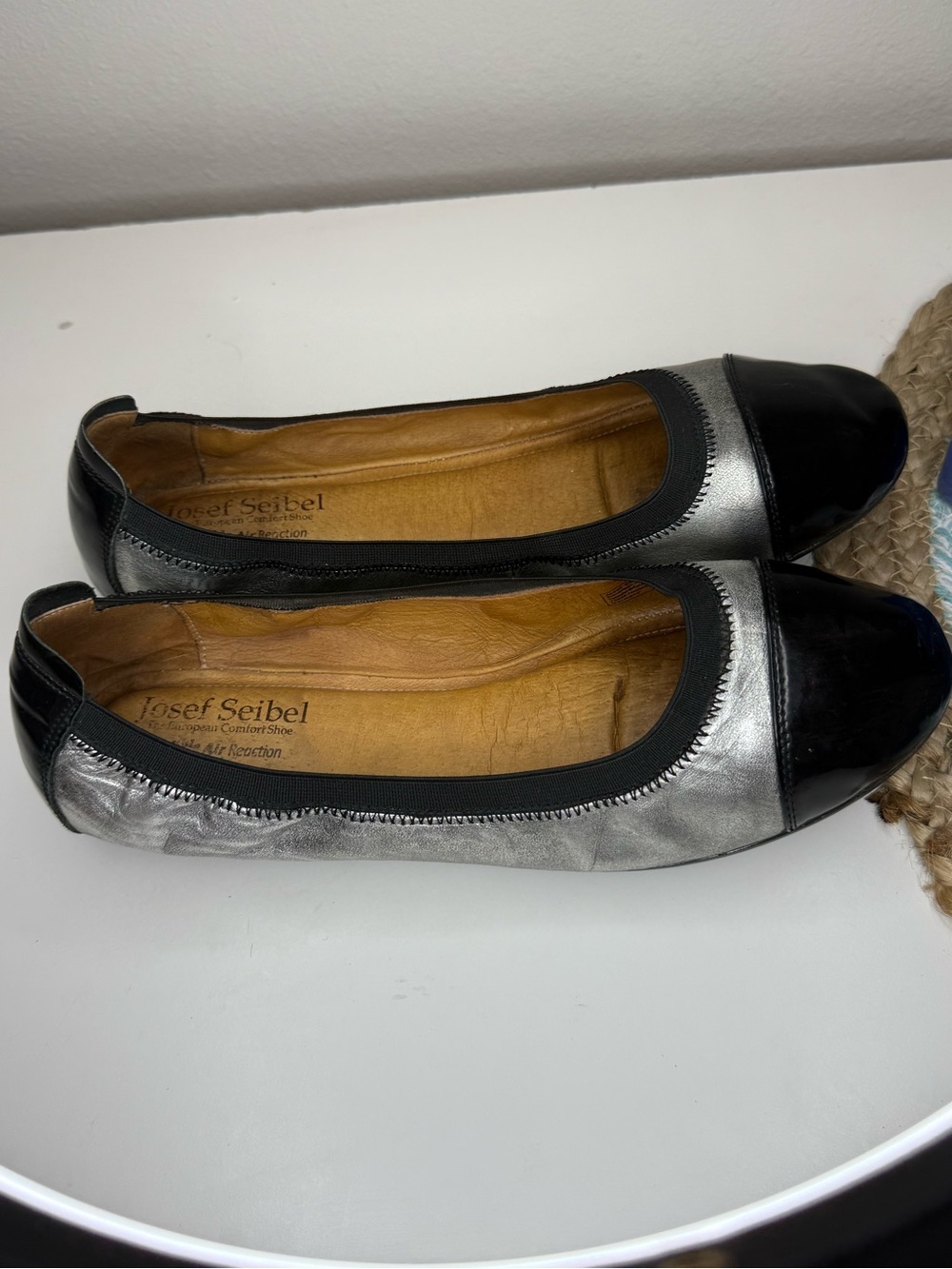 Josef Seibel Silver Black Cap Toe Ballet Flats Comfort Leather Shoes EU 41 US 10